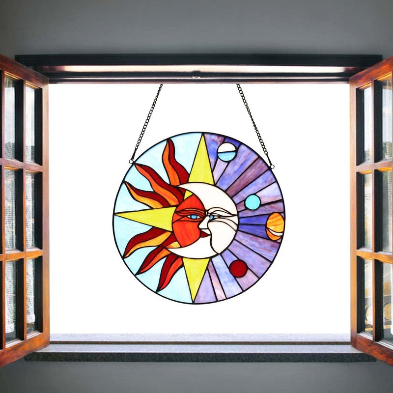 Bieye W10043 Sun Moon Star Face Tiffany Style Stained Glass Window Panel with Planets in Solar System, 16-inch Wide Round Shape, Blue - Image 3